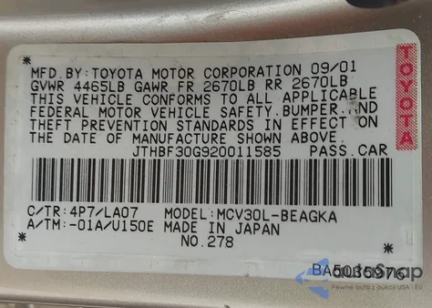 2002 Lexus Es 300 из США, поврежденный, VIN JTHBF30G920011585